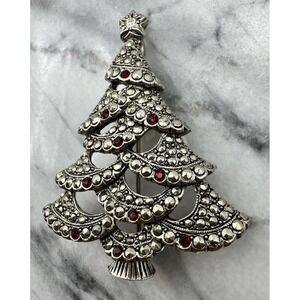 Christmas Tree Pin Brooch Red Rhinestone Silver Tone Avon Vintage